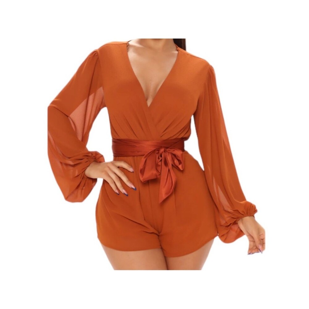 Fashion Nova Skylar Long Sleeve Romper - Cognac Size XL NWT
